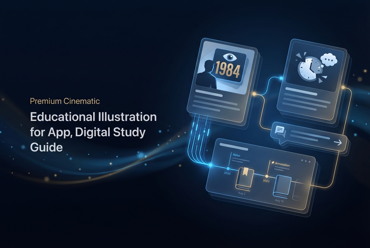 A study workflow visual showing a student preparing for a 1984 literature assignment with digital tools and printed notes