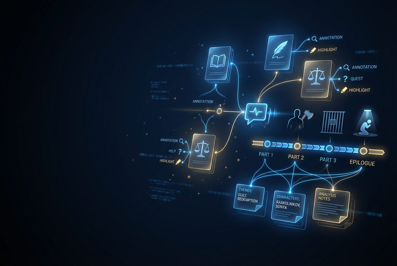 Student studying Crime and Punishment with a structured digital study guide, notebook, and textbook on a desk