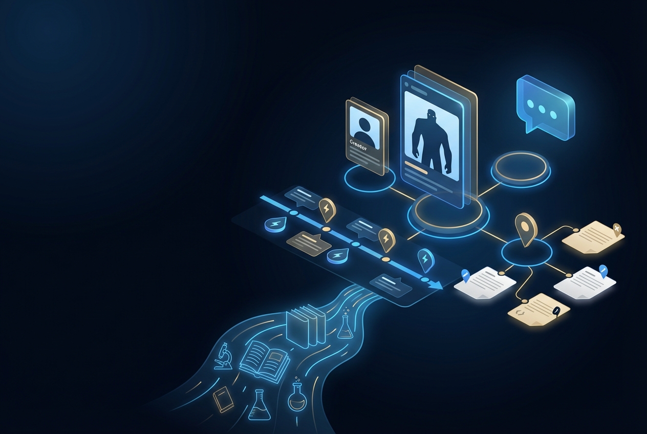 Infographic visualizing Frankenstein's nested narrative structure, with icons for key plot events and themes, plus quick study tips for students