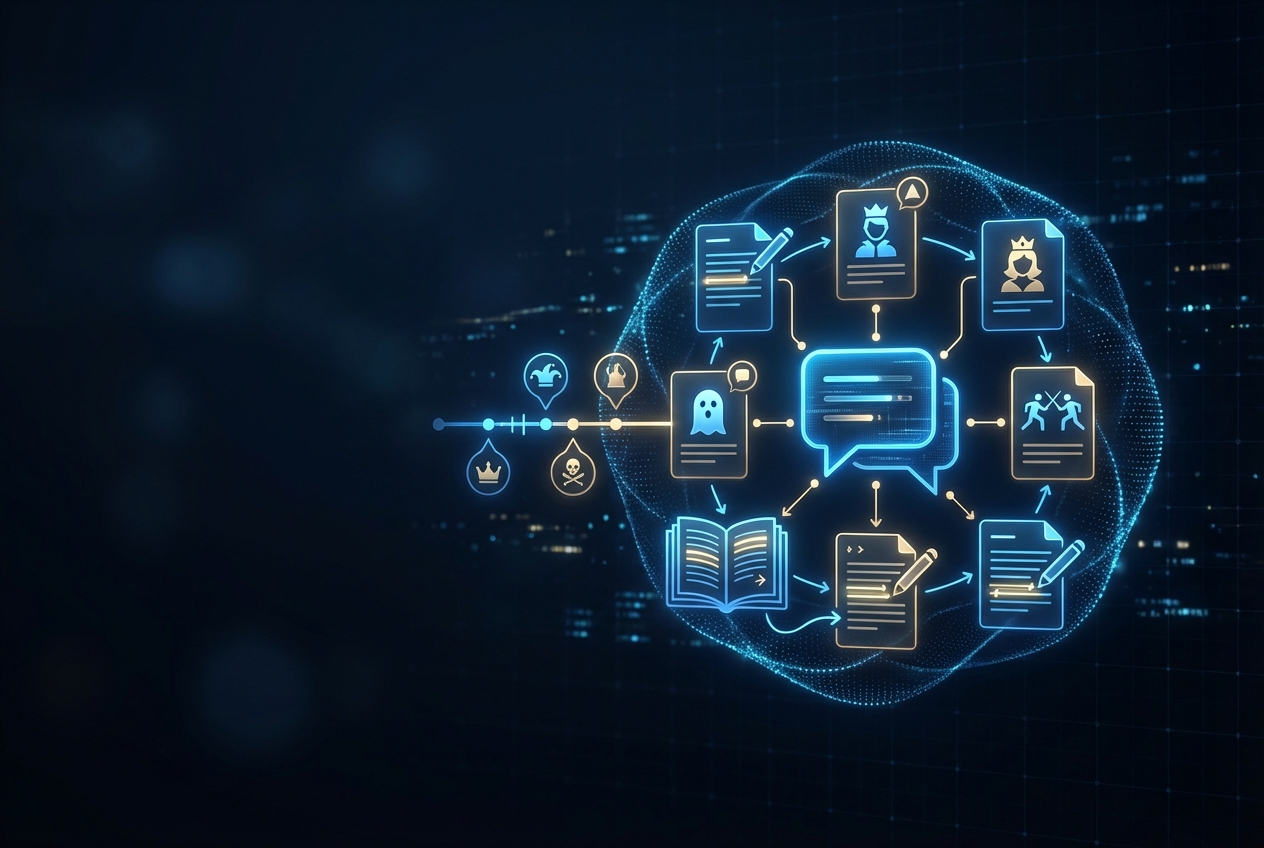 Study workflow visual: Student analyzing Hamlet with a notebook, textbook, and AI study app, showing a checklist and thesis template for essay and discussion prep