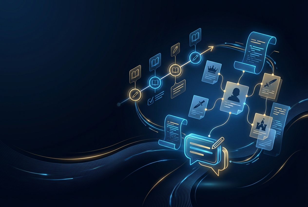 Study workflow visual: student with Macbeth text, thematic notes, and study app, organized by discussion prep, essay drafting, and exam review sections