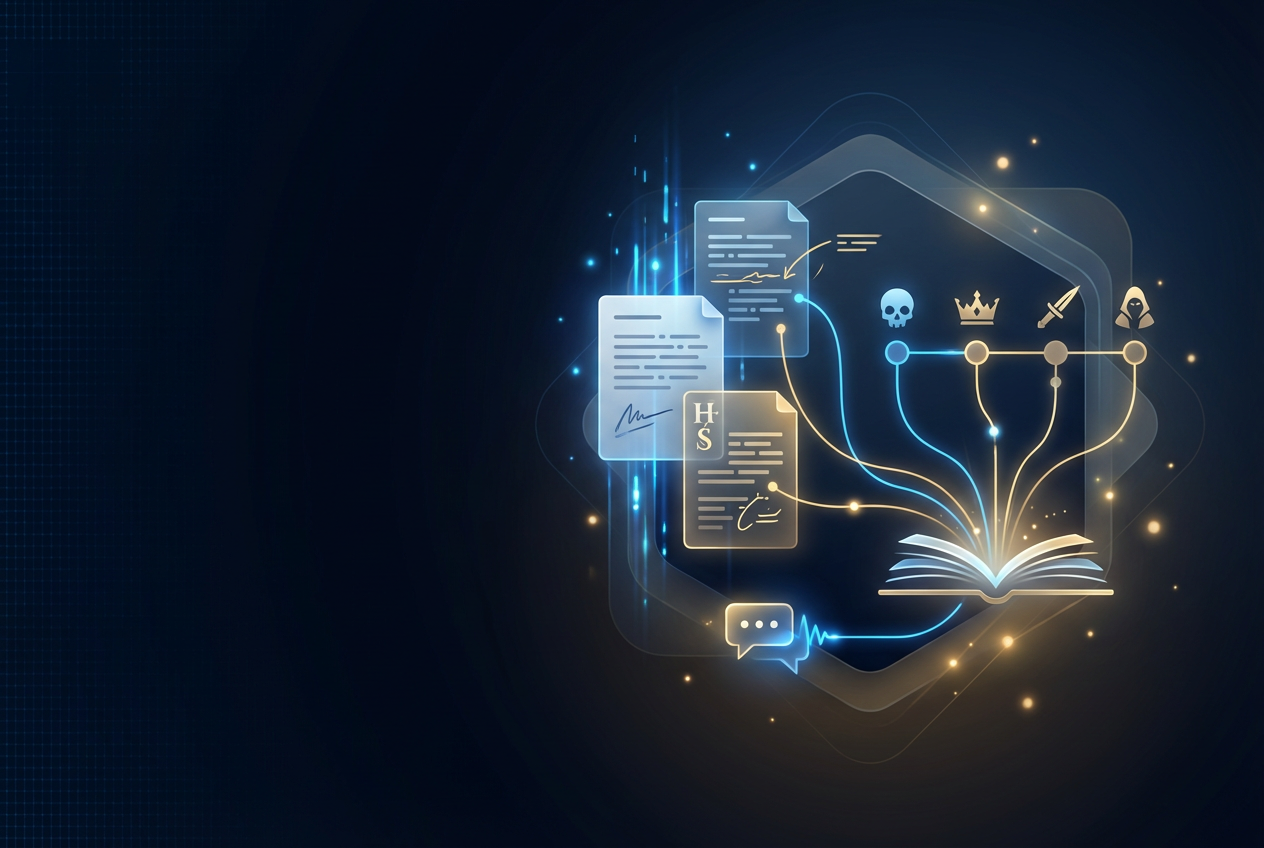 Study workflow visual: student reviewing Hamlet, using a theme tracking chart, and accessing Readi.AI on a smartphone for personalized study support