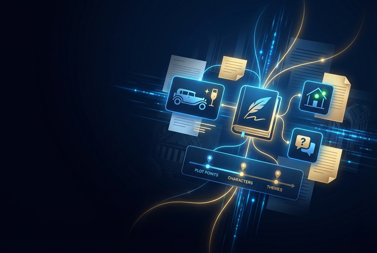 A student study setup for The Great Gatsby, showing a printed study guide with organized sections for key themes, character notes, and essay planning next to a copy of the novel and a highlighter.