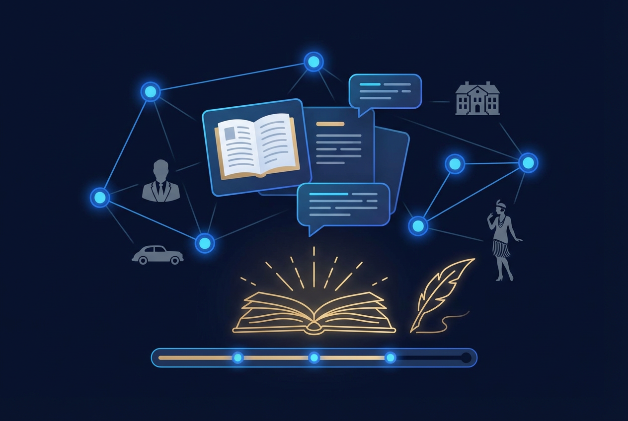 Study workflow visual: open copy of The Great Gatsby next to a notebook with character trait lists and symbol analysis, plus a phone displaying literature flashcards