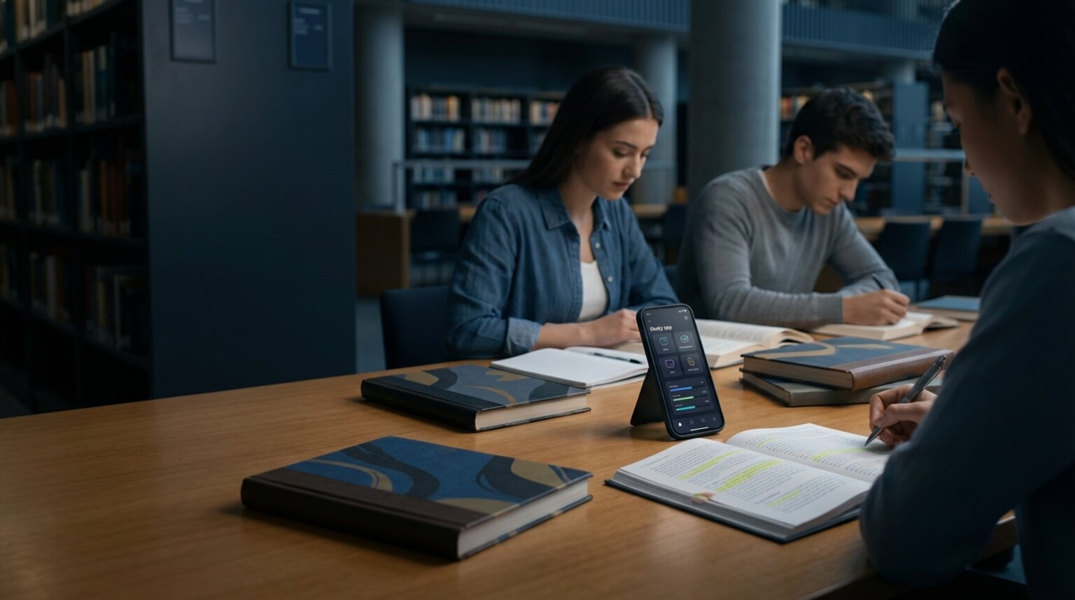 Students studying with AI-assisted literature workflow